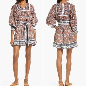 Cleobella Maggie Split Neck Organic Cotton Mini Dress in Sienna Block Print, XS